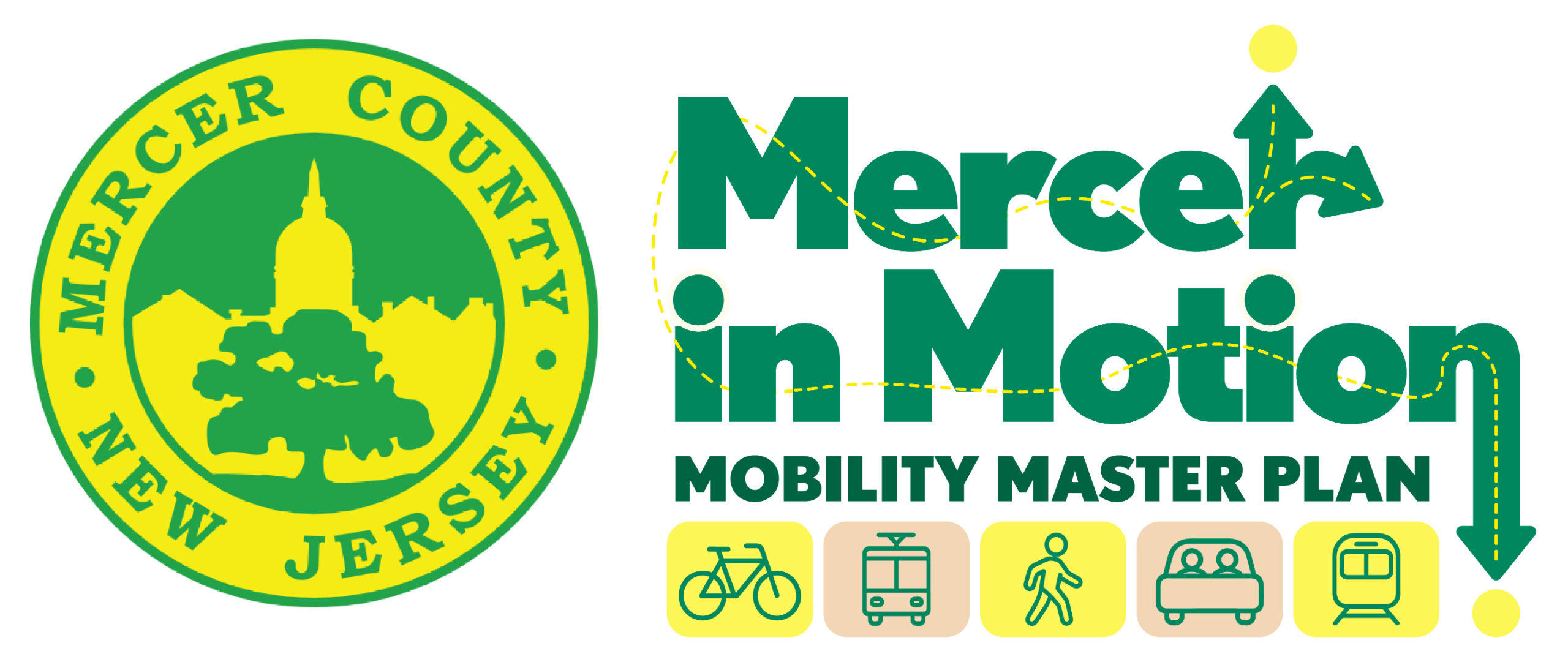 Mercer County New Jersey seal and Mercer in Motion paired logos